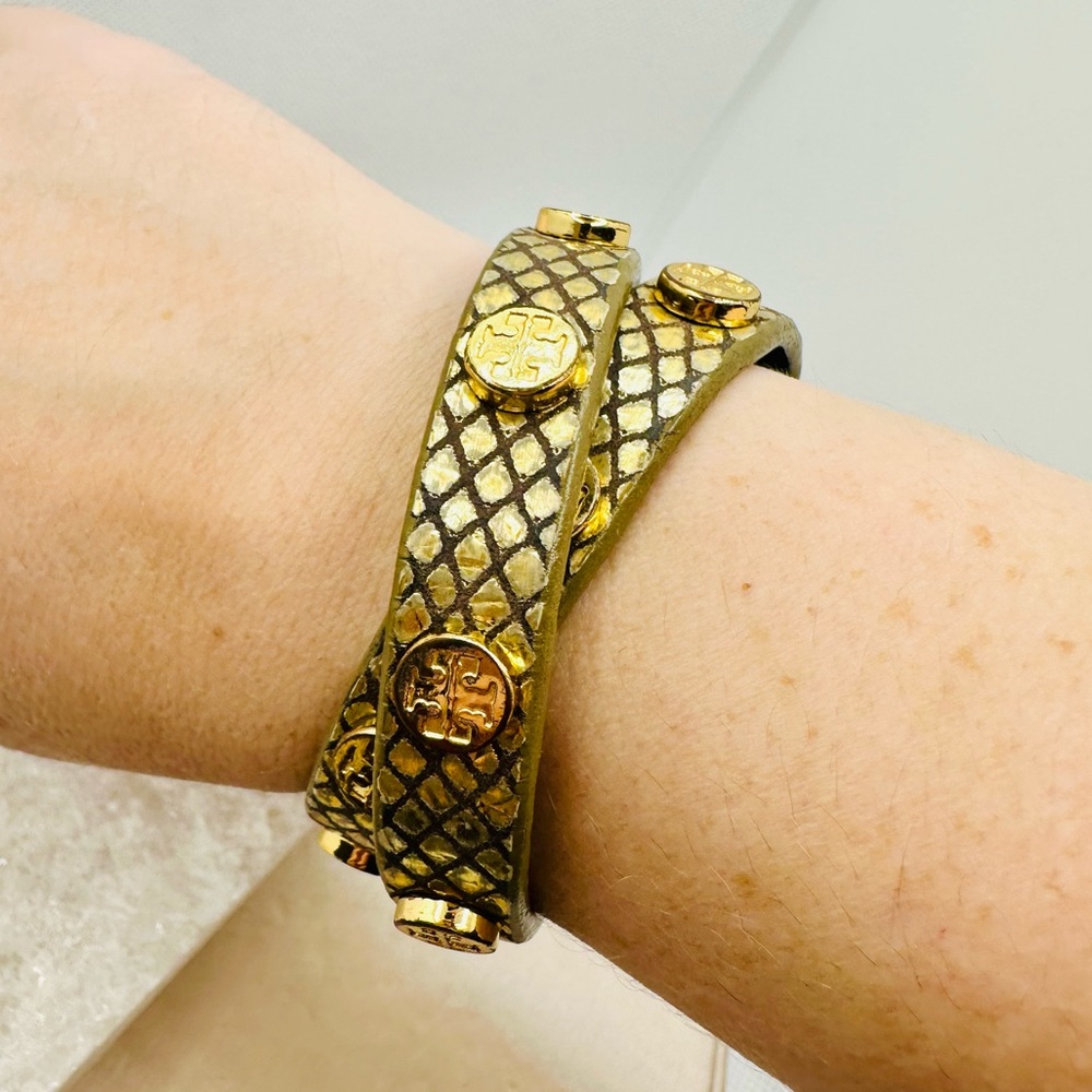 EUC Tory Burch Miller Stud Double Wrap Metallic Gold Exotic Snakeskin Bracelet
